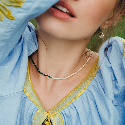 Серебряное колье "Жемчужинки и малахит" 181285 №12