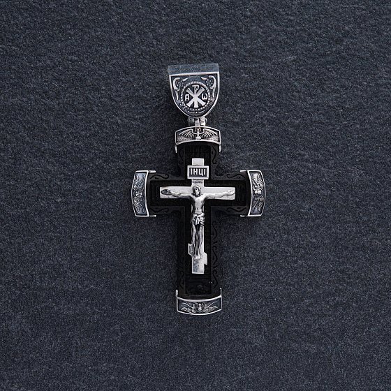 Срібний хрест "Розп'яття. Спаси і Збережи" з ебеновим деревом mini 1075 №3