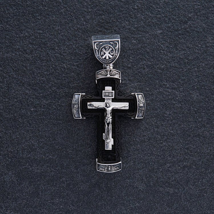 Срібний хрест "Розп'яття. Спаси і Збережи" з ебеновим деревом mini 1075 від ювелірного магазину Онікс - 2