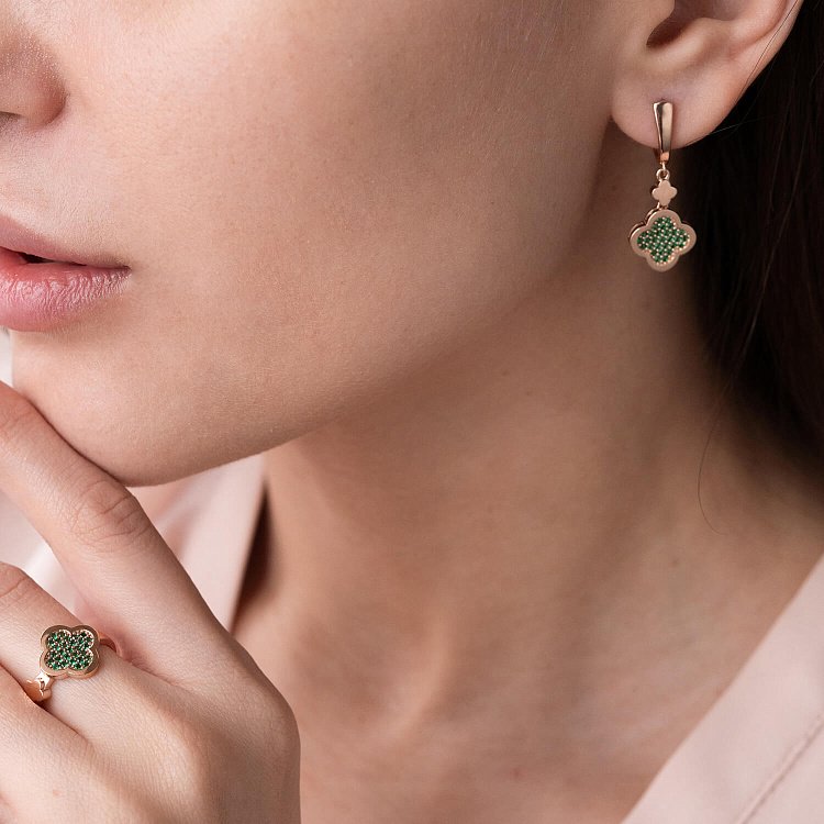 Сережки "Конюшина" в червоному золоті (фіаніти) с07633 від ювелірного магазину Онікс - 4