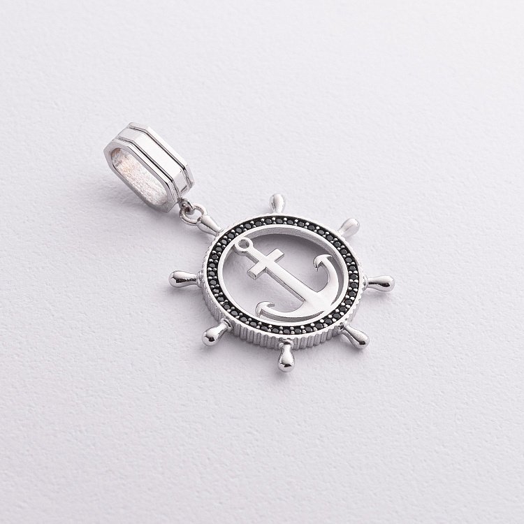 Кулон "Якорь" с черными фианитами (белое золото) п02745 от ювелирного магазина Оникс