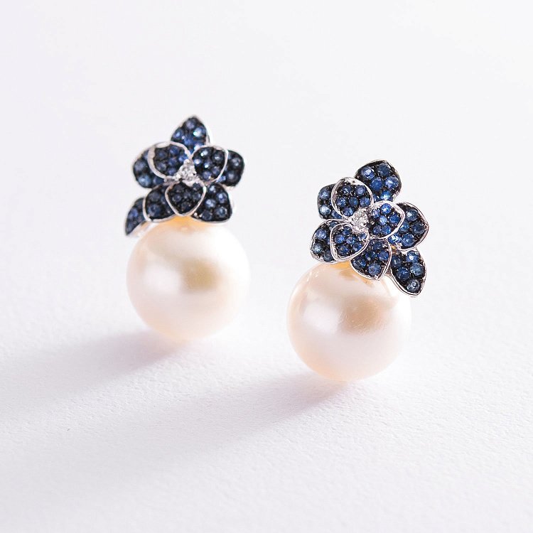 Золоті сережки-пусети (перлини, сапфір, діамант) сб0259tk від ювелірного магазину Онікс