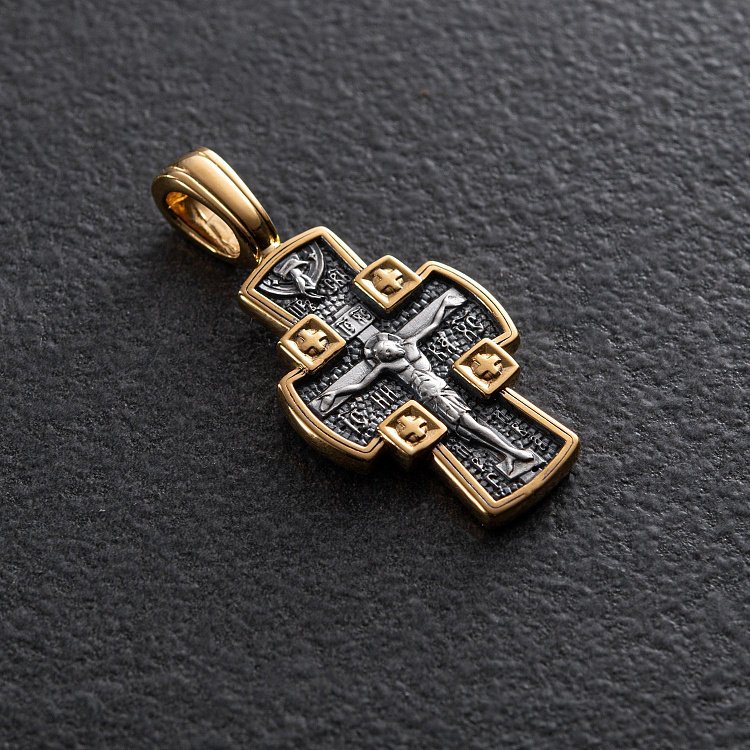 Серебряный крестик с позолотой "Распятие Господне. Ангел Хранитель" 131459 от ювелирного магазина Оникс - 1