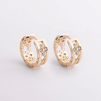 Серьги - кольца "Клевер" в желтом золоте (фианиты) с09563