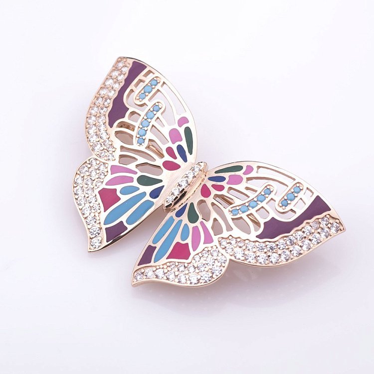Золотая брошь "Бабочка" с эмалью и фианитами 660108E от ювелирного магазина Оникс