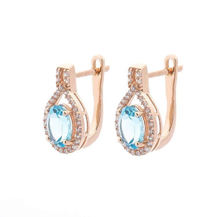 Золоті сережки з блакитним топазом і фіанітами с04195 від ювелірного магазину Онікс - 1