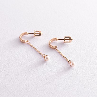 Золоті сережки - пусети "Міранда" з перлами на ланцюжку с07864 №3