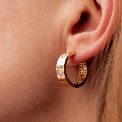 Сережки - кільця "Конюшина" в жовтому золоті (фіаніти) с08888 №4