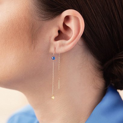 Золоті сережки - протяжки "Українка" (блакитні та жовті фіаніти) с08391 №2