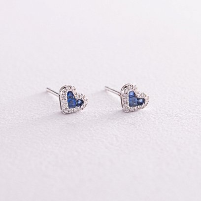 Золоті сережки - пусети "Сердечка" з діамантами і сапфірами сб0432ca