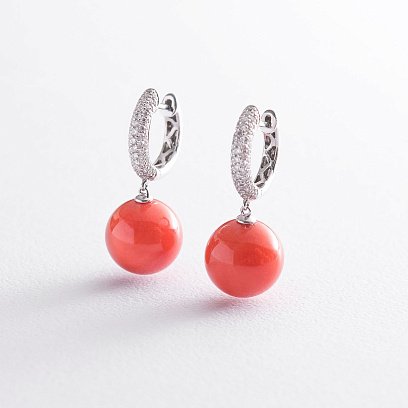 Золотые серьги "Шарики" с кораллом и бриллиантами сб0026ca
