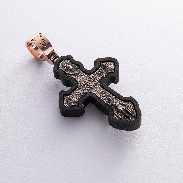 Золотий хрест "Розп'яття. Спаси та Збережи" з ебеновим деревом 631зч від ювелірного магазину Онікс - 7