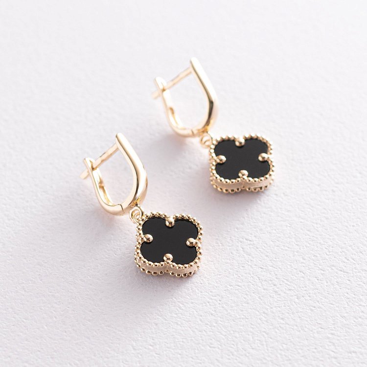 Золоті сережки "Конюшина" з оніксом с06285 від ювелірного магазину Онікс - 2