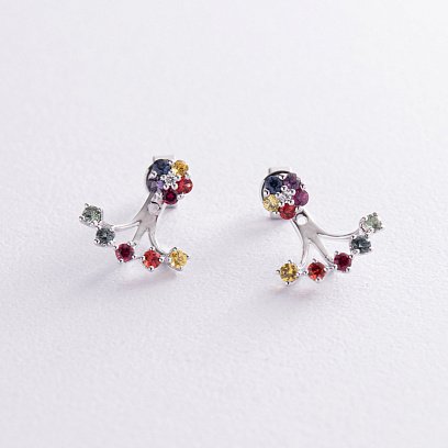 Золоті сережки - джекети 2 в 1 (різнокольорові сапфіри, діаманти)  сб0453nl №2