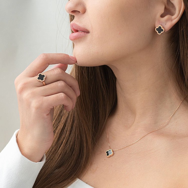 Серьги "Клевер" в красном золоте (оникс) с06830 от ювелирного магазина Оникс - 1