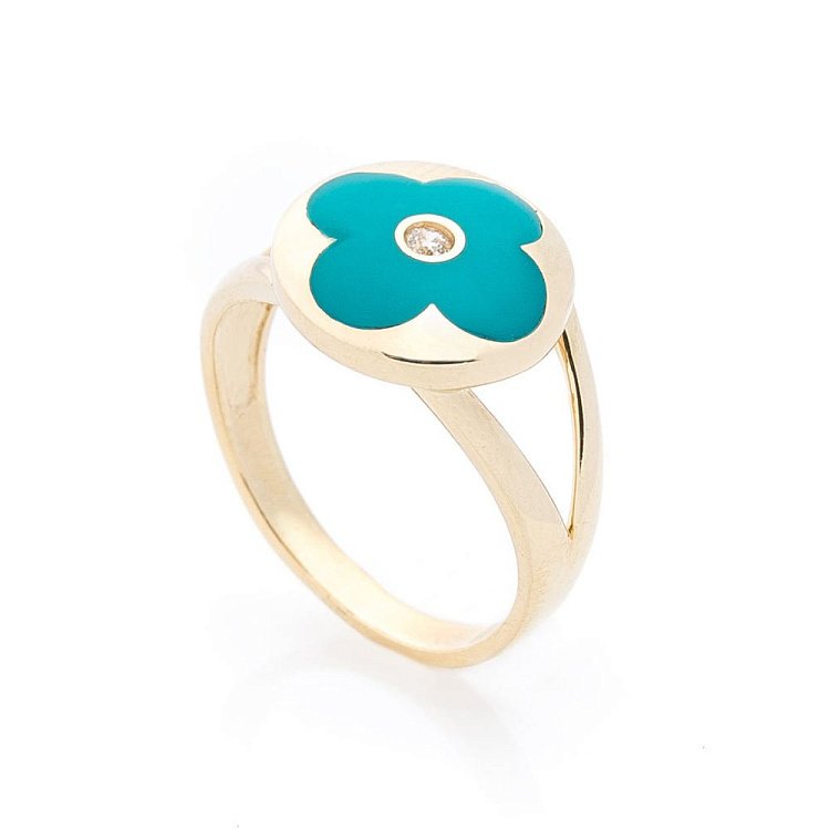 Золотое кольцо "Клевер" с эмалью и фианитом к05610 от ювелирного магазина Оникс