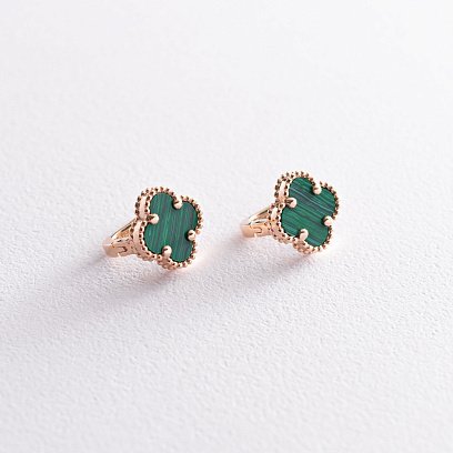 Серьги "Клевер" в красном золоте (малахит) с07114