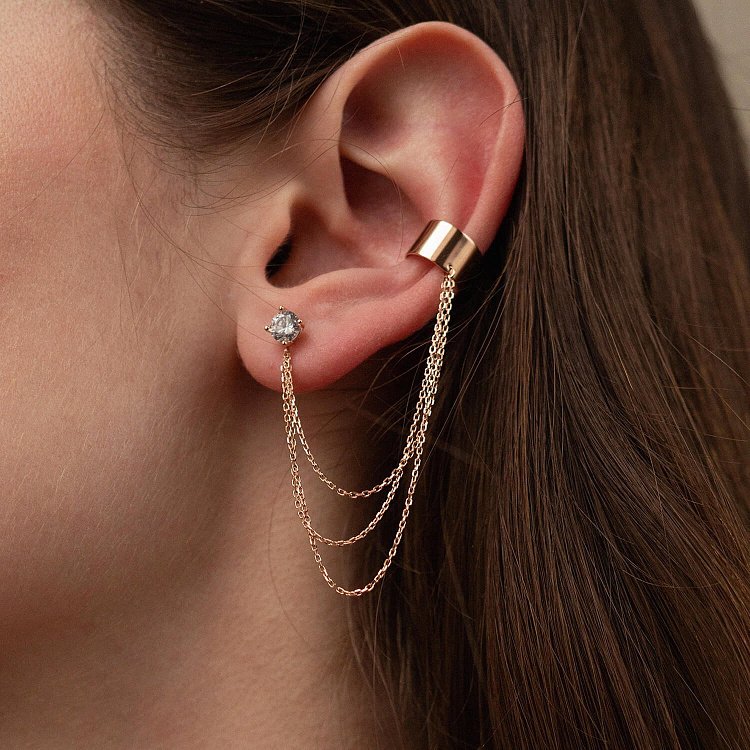 Сережка - каффа "Трініті" в червоному золоті з ланцюжками (фіаніт) с08019 від ювелірного магазину Онікс