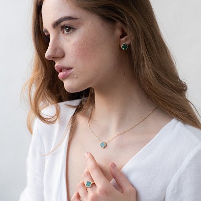 Сережки "Конюшина" в жовтому золоті (малахіт) с06828 №7