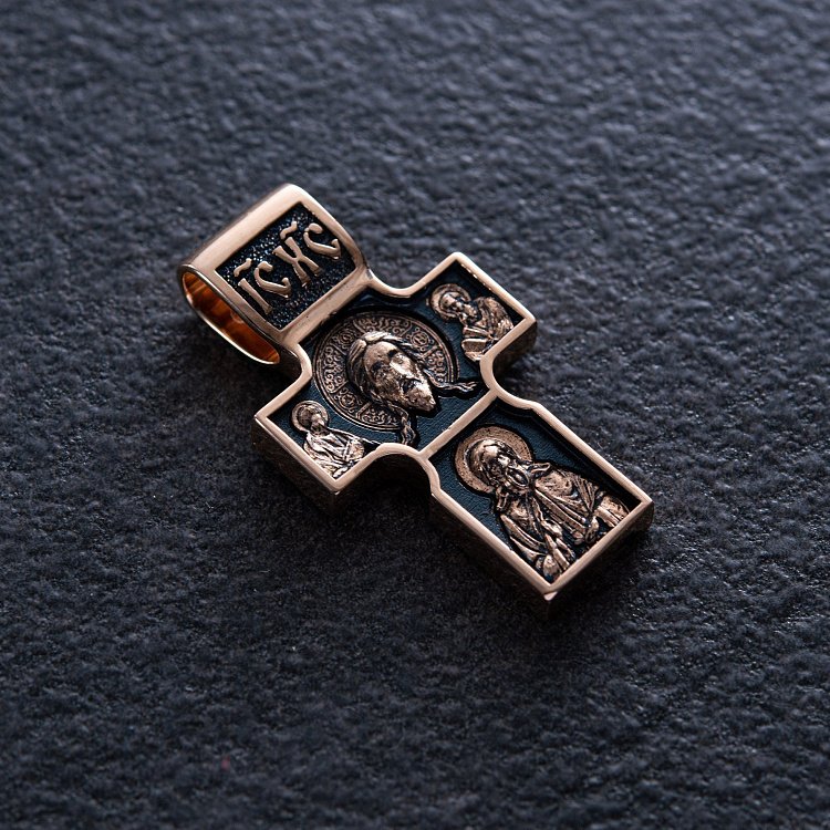 Золотой православный крест "Спас Нерукотворный. Святитель Николай Чудотворец. Георгий Победоносец" п03824 от ювелирного магазина Оникс - 3