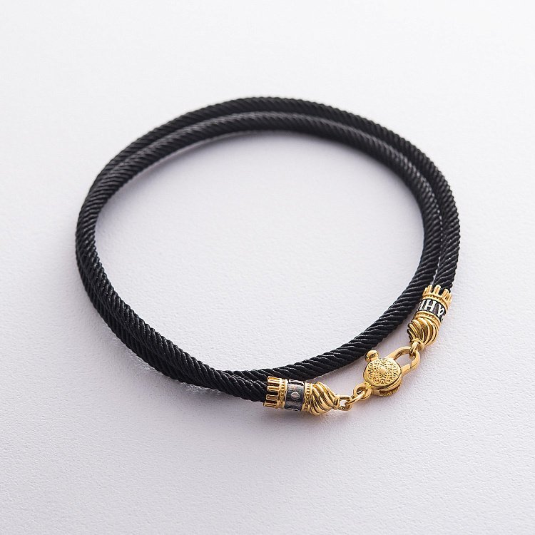 Шовковий шнурок "Спаси і збережи" зі срібною позолоченою застібкою (4 мм) 18416 від ювелірного магазину Онікс