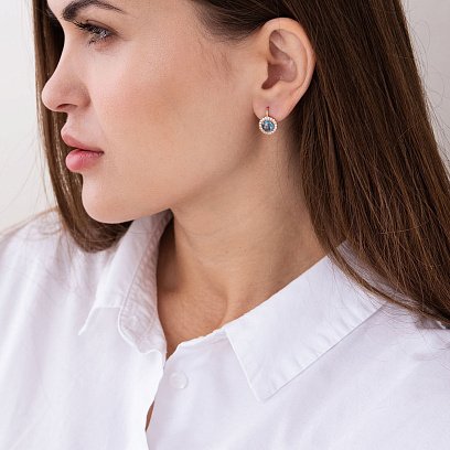 Золоті сережки з блакитними і білими фіанітами с07467 №3