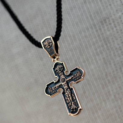 Православный золотой крест "Распятие Христово. Спас Нерукотворный. Икона Божией Матери знамение. Святитель Николай" п02699 №6