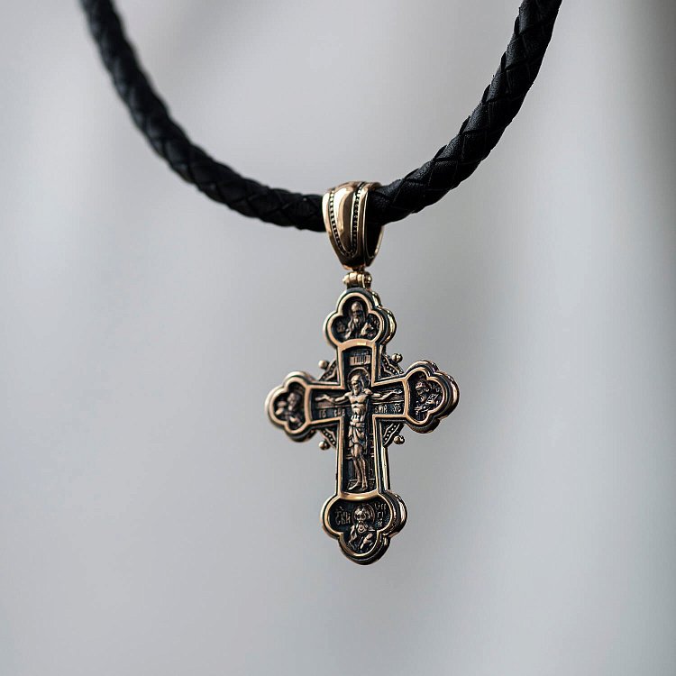 Православный золотой крест "Распятие Христово, Александр Невский, Димитрий Донской, Сергий Радонежский. Архангел Михаил" п02683 от ювелирного магазина Оникс - 2