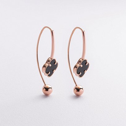Золотые серьги "Клевер" с ониксом с09320