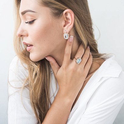 Сережки золоті з блакитним топазом і фіанітами с03117 №2