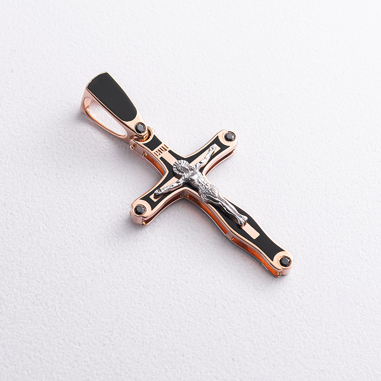 Золотой крестик "Распятие. Спаси и Сохрани" (фианиты, эмаль) 270142Е от ювелирного магазина Оникс