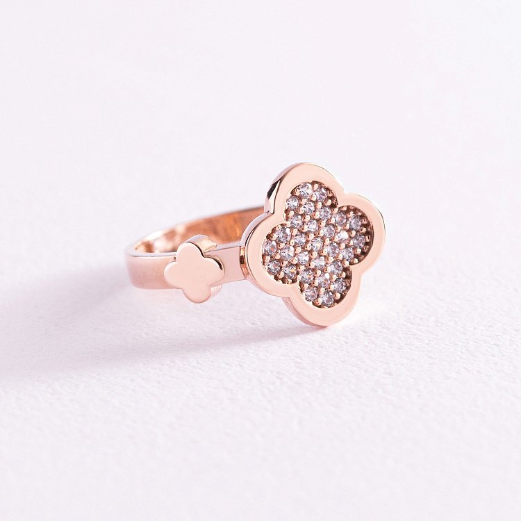 Каблучка "Конюшина" в червоному золоті (фіаніти) к06916 від ювелірного магазину Онікс