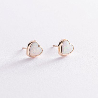 Серьги - пусеты "Сердечки" с опалом (желтое золото) с07747