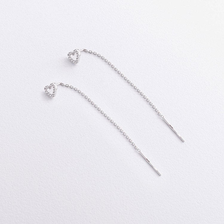 Серебряные серьги - протяжки "Сердечки" с фианитами 902-01587 от ювелирного магазина Оникс - 2