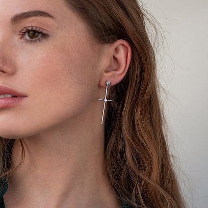 Серьги - пусеты "Кресты" в белом золоте (фианиты) с07368 №2