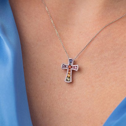 Золоте кольє з хрестиком (різнокольорові сапфіри та діаманти) колб0100mi №2