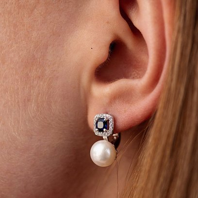 Срібні сережки з перлами, синт. сапфірами та фіанітами 2487/1р-PWTNS №4