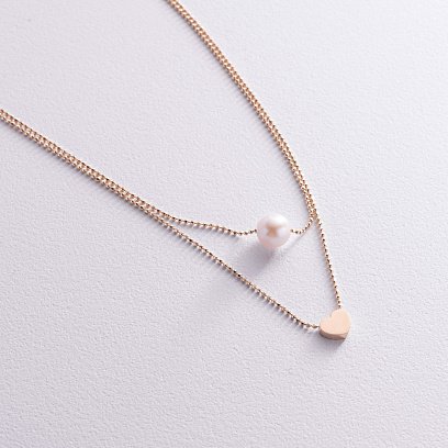 Двойное колье "Сердечко и жемчужина" (красное золото) кол02547 №4