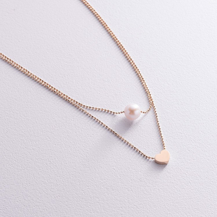 Двойное колье "Сердечко и жемчужина" (красное золото) кол02547 от ювелирного магазина Оникс - 3