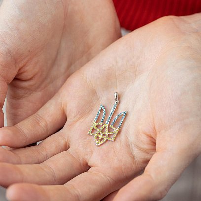 Золотой кулон "Герб Украины - Тризуб" с голубыми и желтыми бриллиантами 129951121 №2