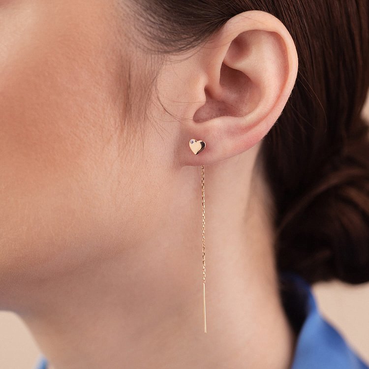 Золотые серьги - протяжки "Сердечки" с фианитами с08256 от ювелирного магазина Оникс