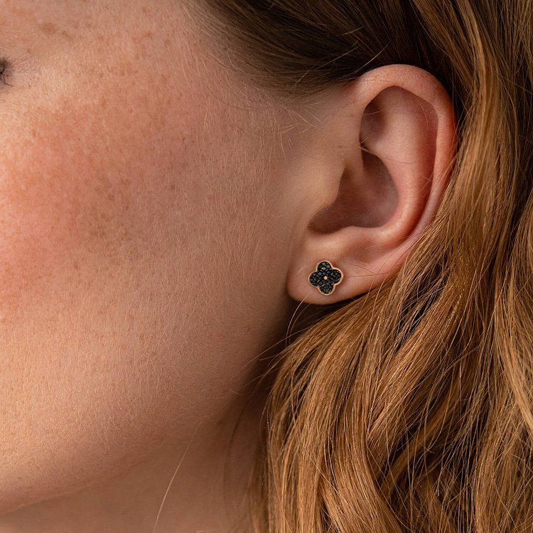 Золотые серьги - пусеты "Клевер" (черные фианиты) с07888 от ювелирного магазина Оникс - 2