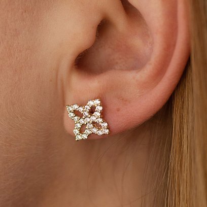 Серьги - пусеты "Клевер" с фианитами (желтое золото) с08621 №4