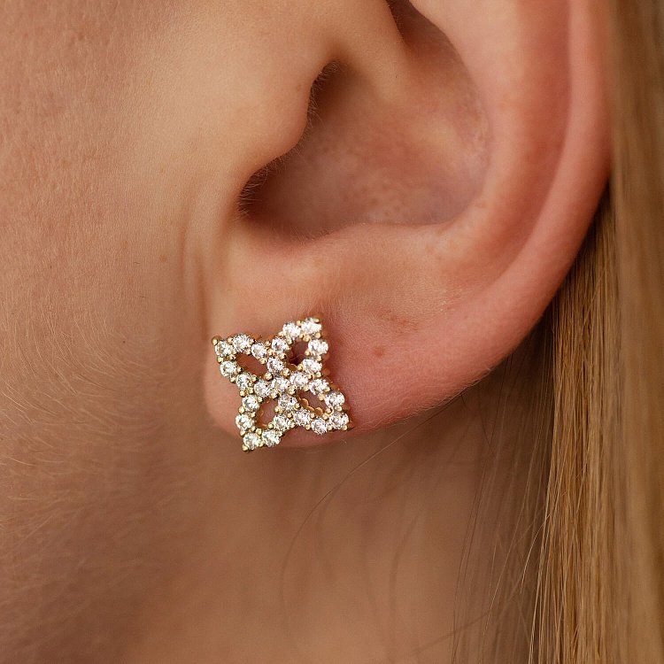 Серьги - пусеты "Клевер" с фианитами (желтое золото) с08621 от ювелирного магазина Оникс - 3