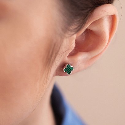 Срібні сережки - пусети "Конюшина" з малахітом mini 123293 №4