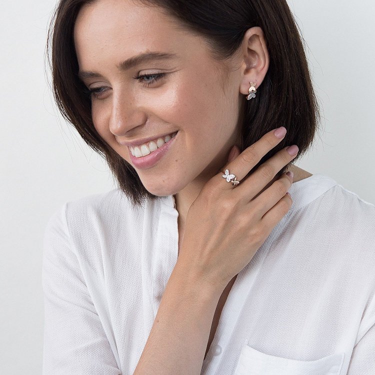 Золотий перстень з метеликами (фіаніт) к06285 від ювелірного магазину Онікс - 3