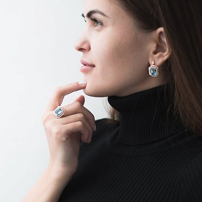 Сережки золоті з блакитним топазом і фіанітами с03117 №6