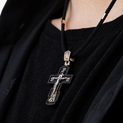 Золотой крест "Распятие. Пресвятая Богородица" с эбеновым деревом 632з №2