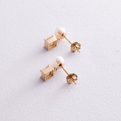 Золотые серьги - пусеты "Альма" (оранжевые фианиты, жемчуг) с08259 №2