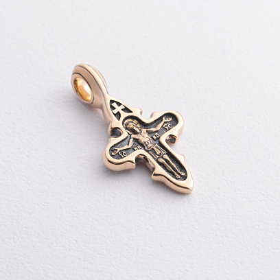 Золотой православный крестик "Распятие Христово. Икона Божией Матери" (чернение) п03977